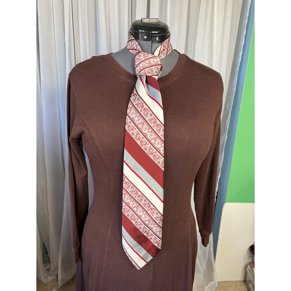 tie groovy 1960s wide diagonal stripes floral red gray white